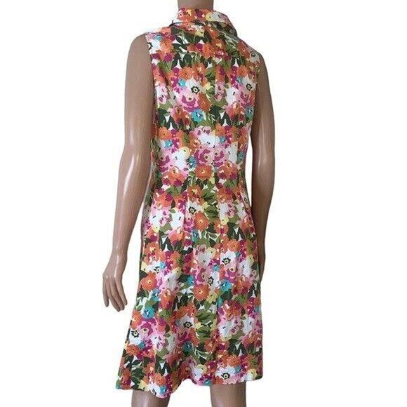 Talbots Woman Dress Pink Floral Bright Sleeveless Cotton Collar Button Down SZ 8 - Picture 7 of 13